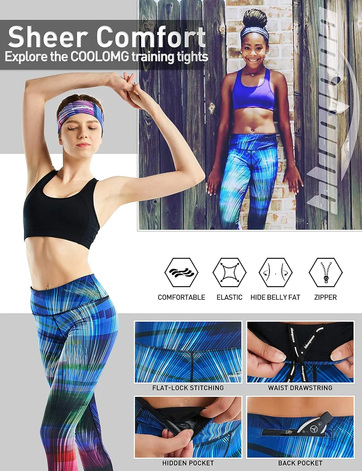 COOLOMG Women Yoga Leggings Running Tights Low Rise Leggings Workout Gym with Hidden Pockets