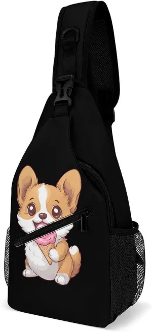 Corgi Puppy Eating Ice-cream Chest Bag for Men Backpack Crossbody Sling Bags Travel Daypack for Outdoors Hiking