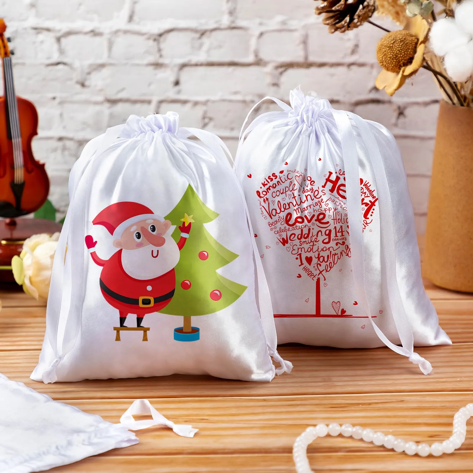 Cosblank 24 Pcs Sublimation Drawstring Bags Bulk 7x9 Inch Satin White Sublimation Gift Bags Reusable Heat Press Goodies Pouch for Christmas Party Favors