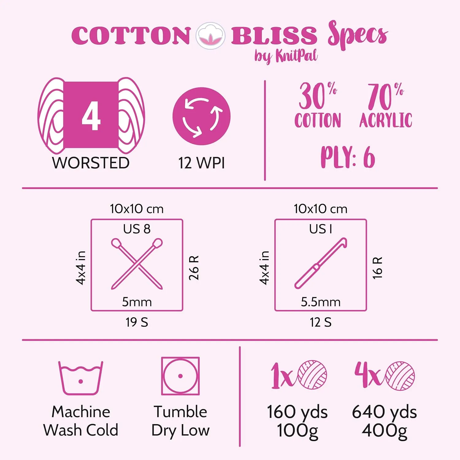 Cotton Bliss Soft Cotton Blend Yarn for Crocheting, 4 Skeins, 640Yds/400G, Free Patterns - #4 Medium Worsted Weight Yarn for Baby Blanket - Cherry Velvet