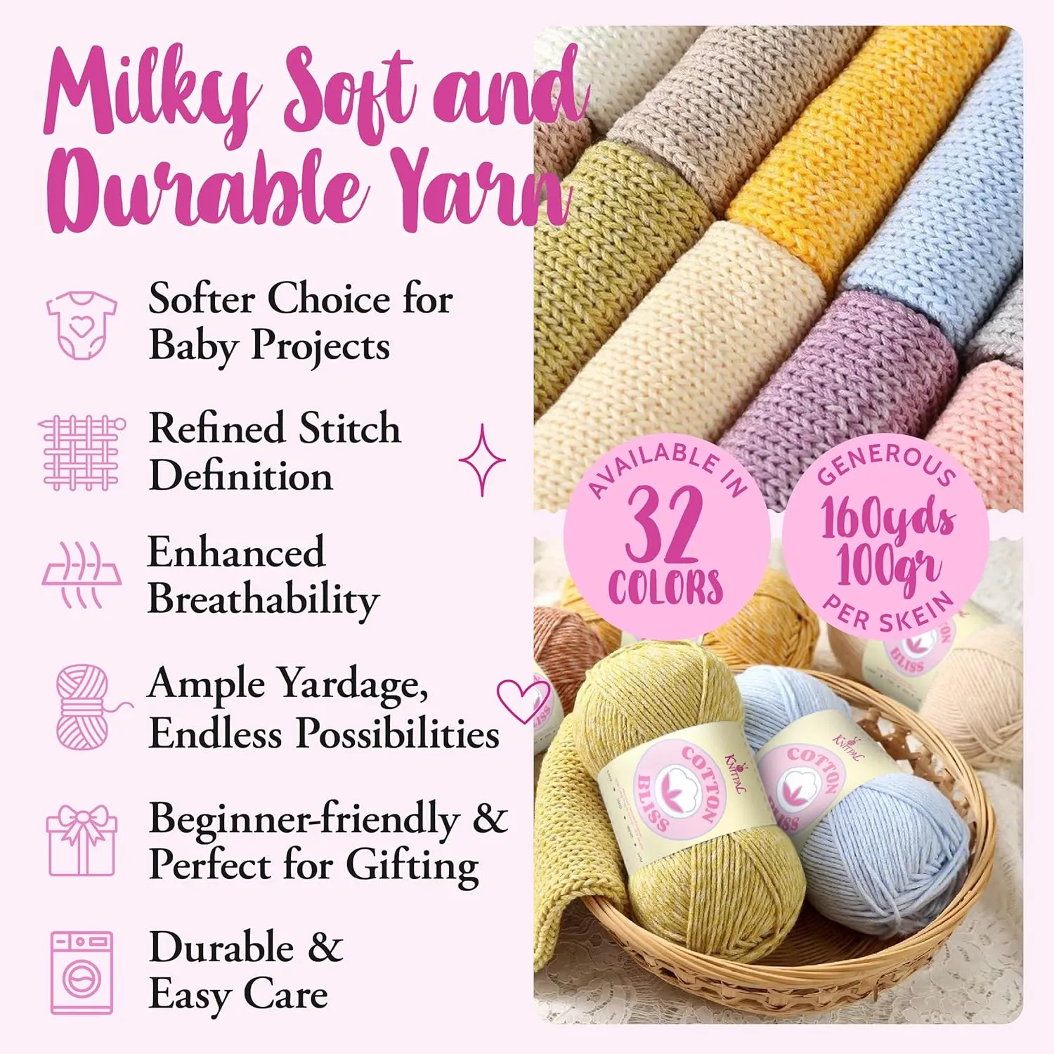 Cotton Bliss Soft Cotton Blend Yarn for Crocheting, 4 Skeins, 640Yds/400G, Free Patterns - #4 Medium Worsted Weight Yarn for Baby Blanket - Cherry Velvet