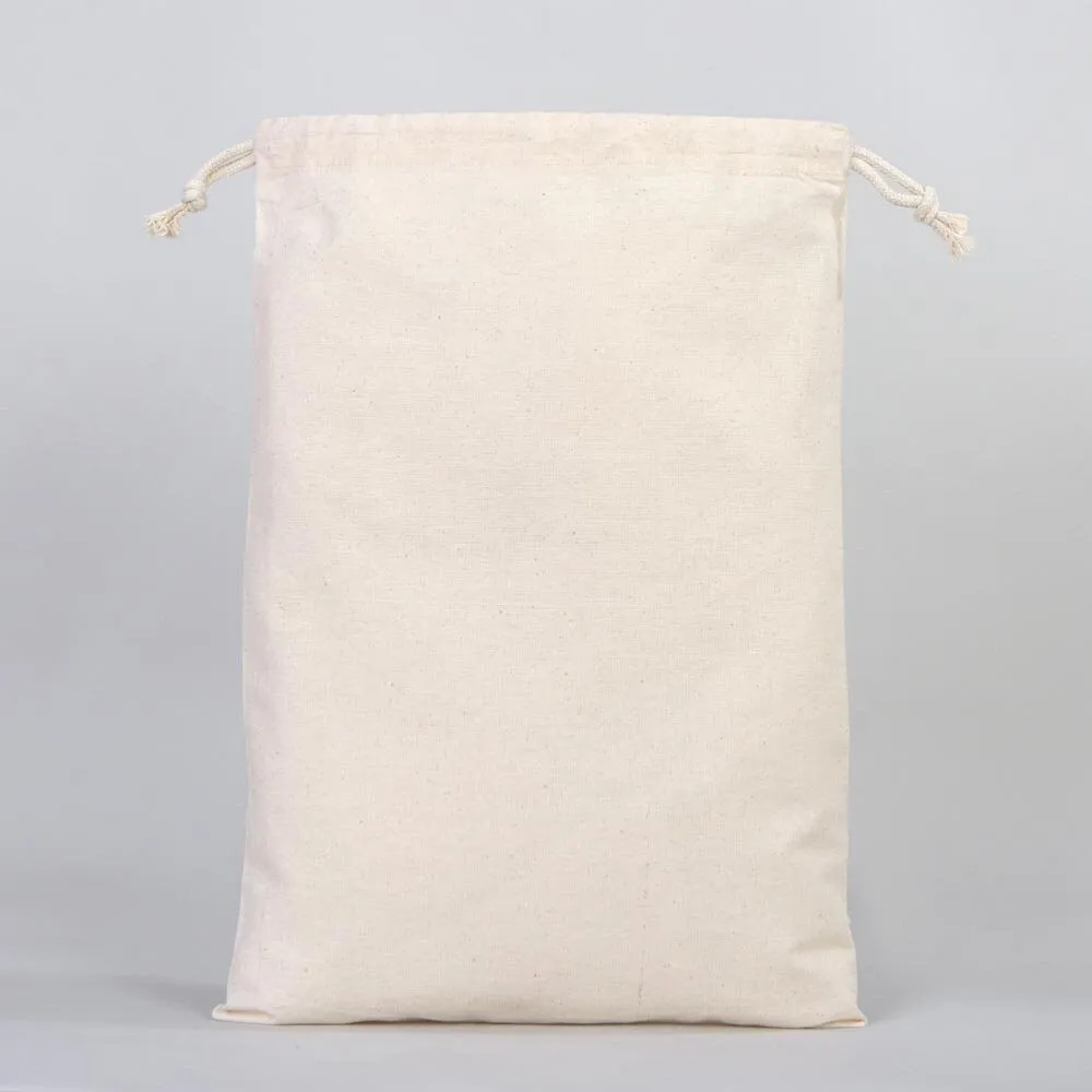 Cotton Pouch Bags  12"W x 16"H -  Organic Cotton Double Drawstring Pouch Bags -  No Print Wholesale Cotton Bags