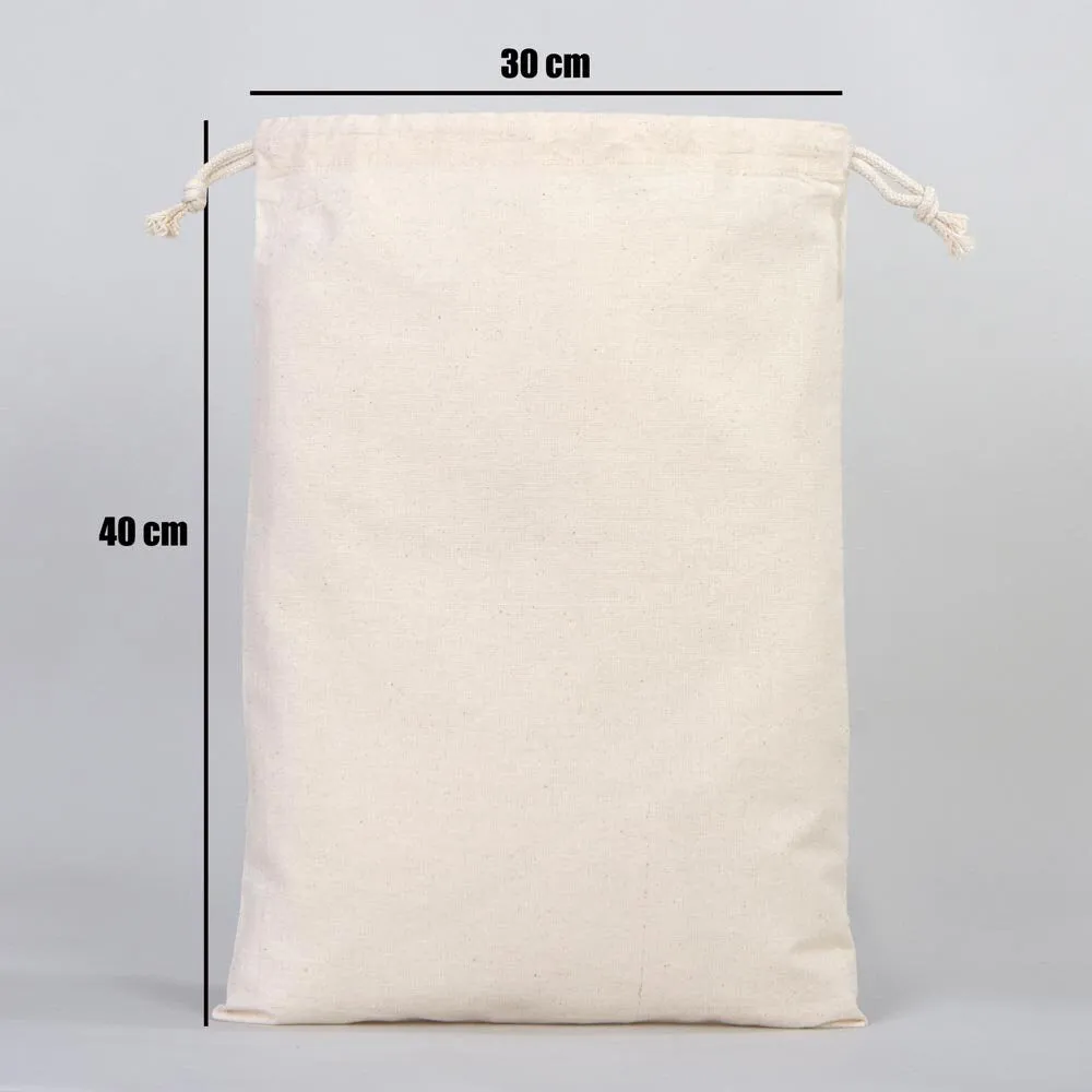 Cotton Pouch Bags  12"W x 16"H -  Organic Cotton Double Drawstring Pouch Bags -  No Print Wholesale Cotton Bags