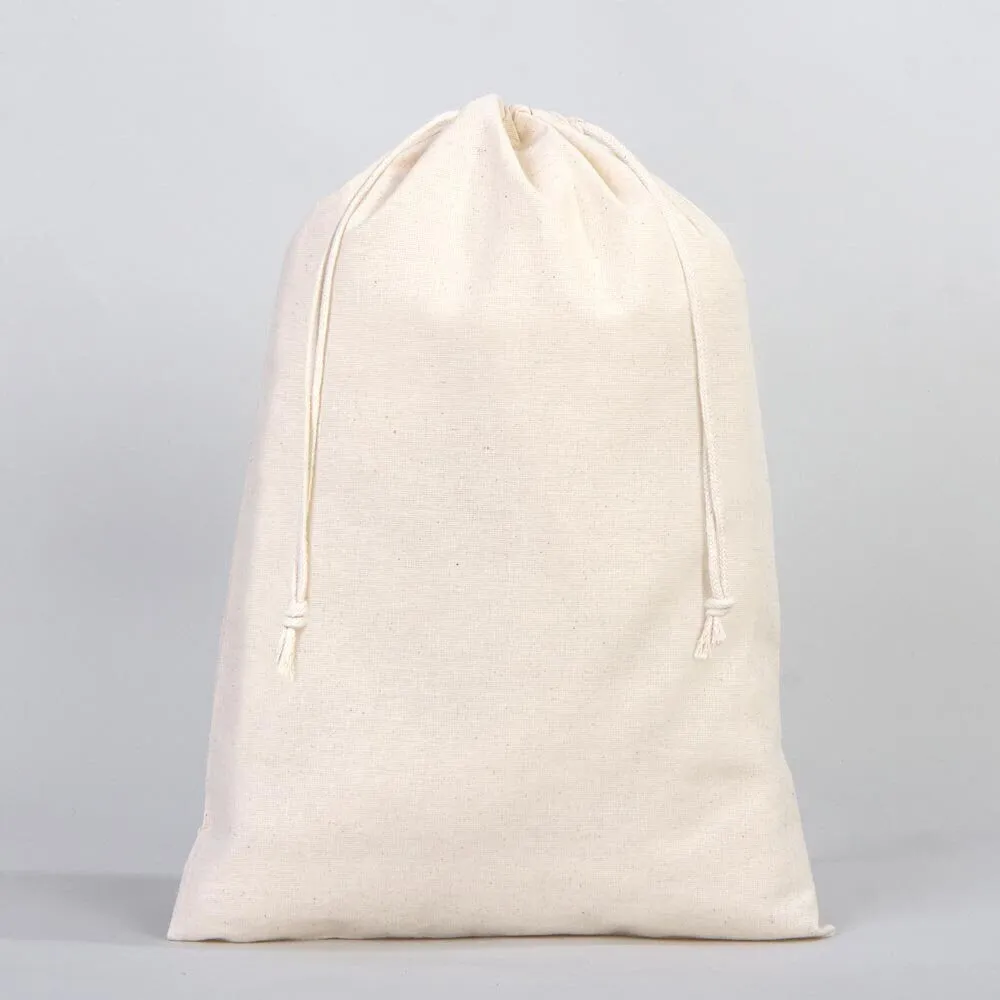 Cotton Pouch Bags  12"W x 16"H -  Organic Cotton Double Drawstring Pouch Bags -  No Print Wholesale Cotton Bags