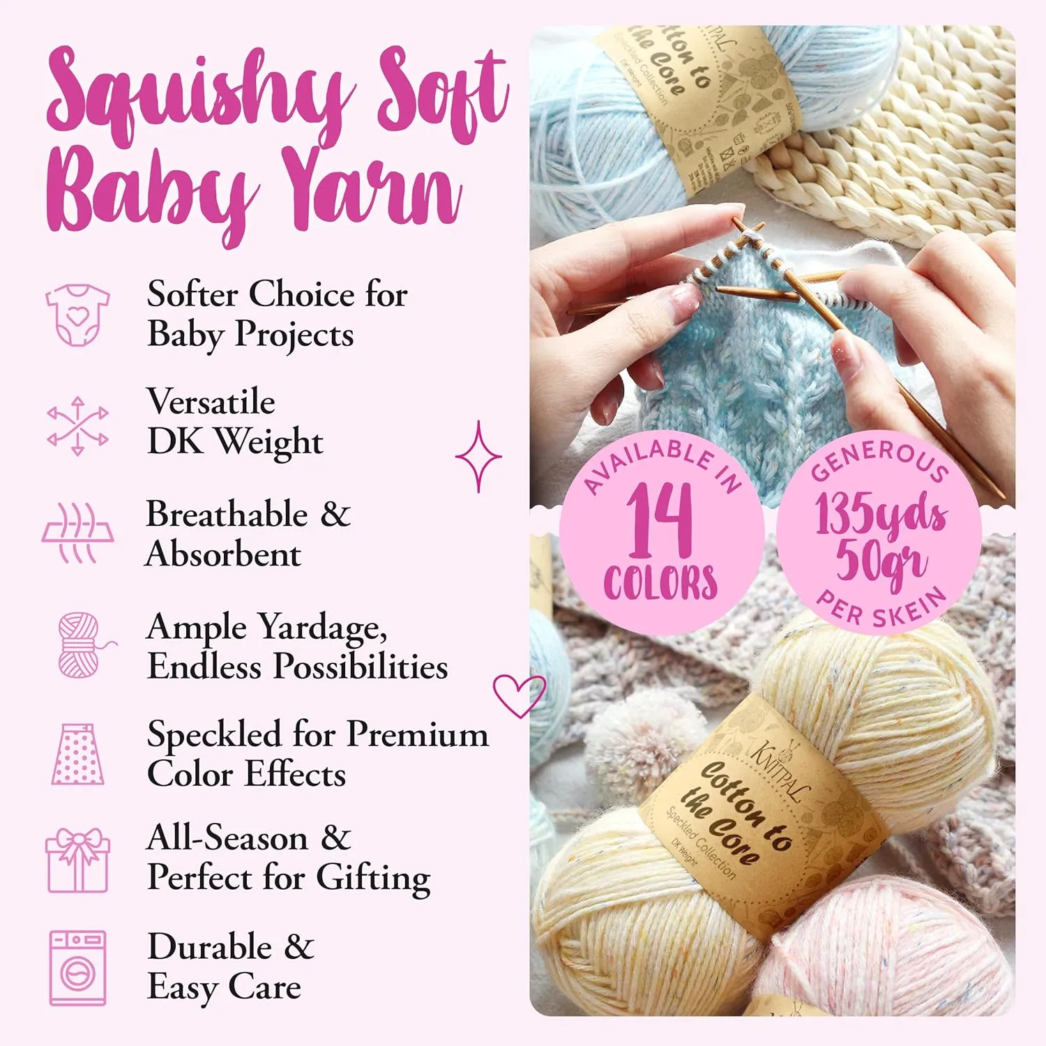 Cotton to The Core Speckled Soft Baby Yarn for Crocheting, 6 Skeins, 810Yds/300G, Free Patterns - Size 3 DK Light Worsted Weight Cotton Yarn for Knitting - Canary Yellow
