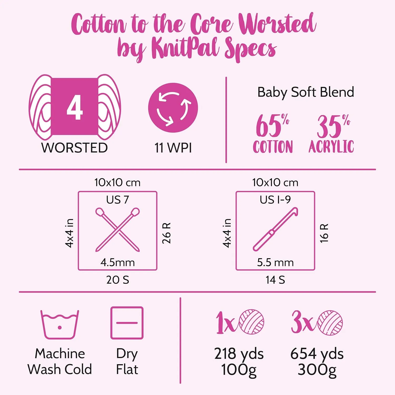Cotton to The Core Worsted Weight Yarn for Crocheting, 3 Skeins, 654 Yds/300G, Free Patterns - Soft Cotton Yarn for Knitting - #4 Medium Worsted Weight - Baby Pink
