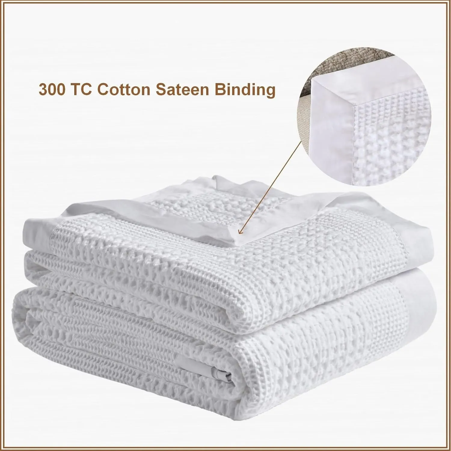 Cotton Waffle Blanket with Cotton Sateen Binding - King Size - Lightweight and Breathable - Washed Cotton Waffle Throw - White Color.