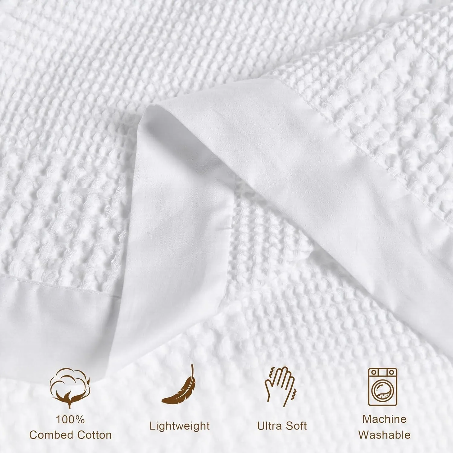 Cotton Waffle Blanket with Cotton Sateen Binding - King Size - Lightweight and Breathable - Washed Cotton Waffle Throw - White Color.