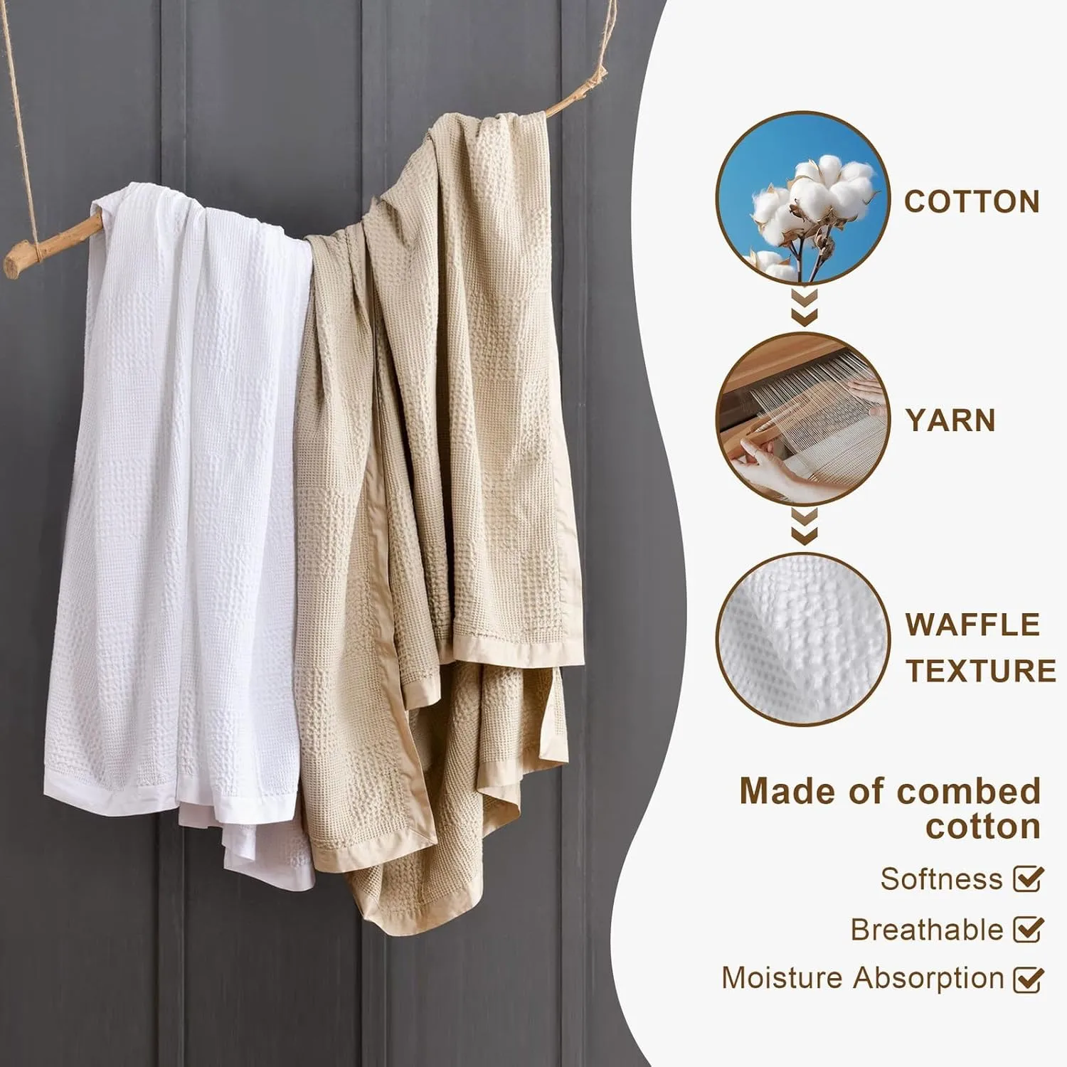 Cotton Waffle Blanket with Cotton Sateen Binding - King Size - Lightweight and Breathable - Washed Cotton Waffle Throw - White Color.