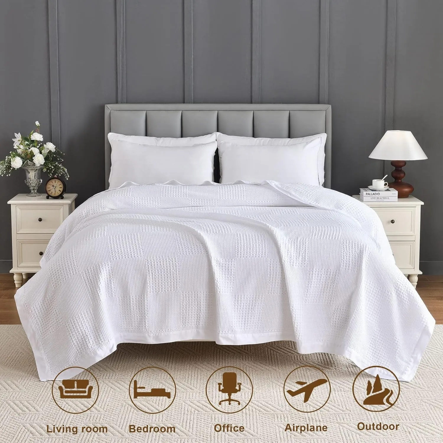 Cotton Waffle Blanket with Cotton Sateen Binding - King Size - Lightweight and Breathable - Washed Cotton Waffle Throw - White Color.