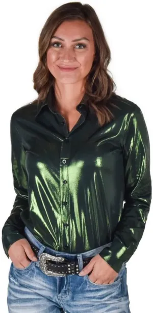 Cowgirl Tuff Western Shirt Womens L/S Metallic Dark Green 100784