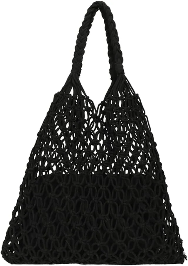 Crochet Mesh Tote Beach Bag Woven Hollow Out Handbag, Straw Rattan Net Shoulder Purse Summer Armpit Bag for Women