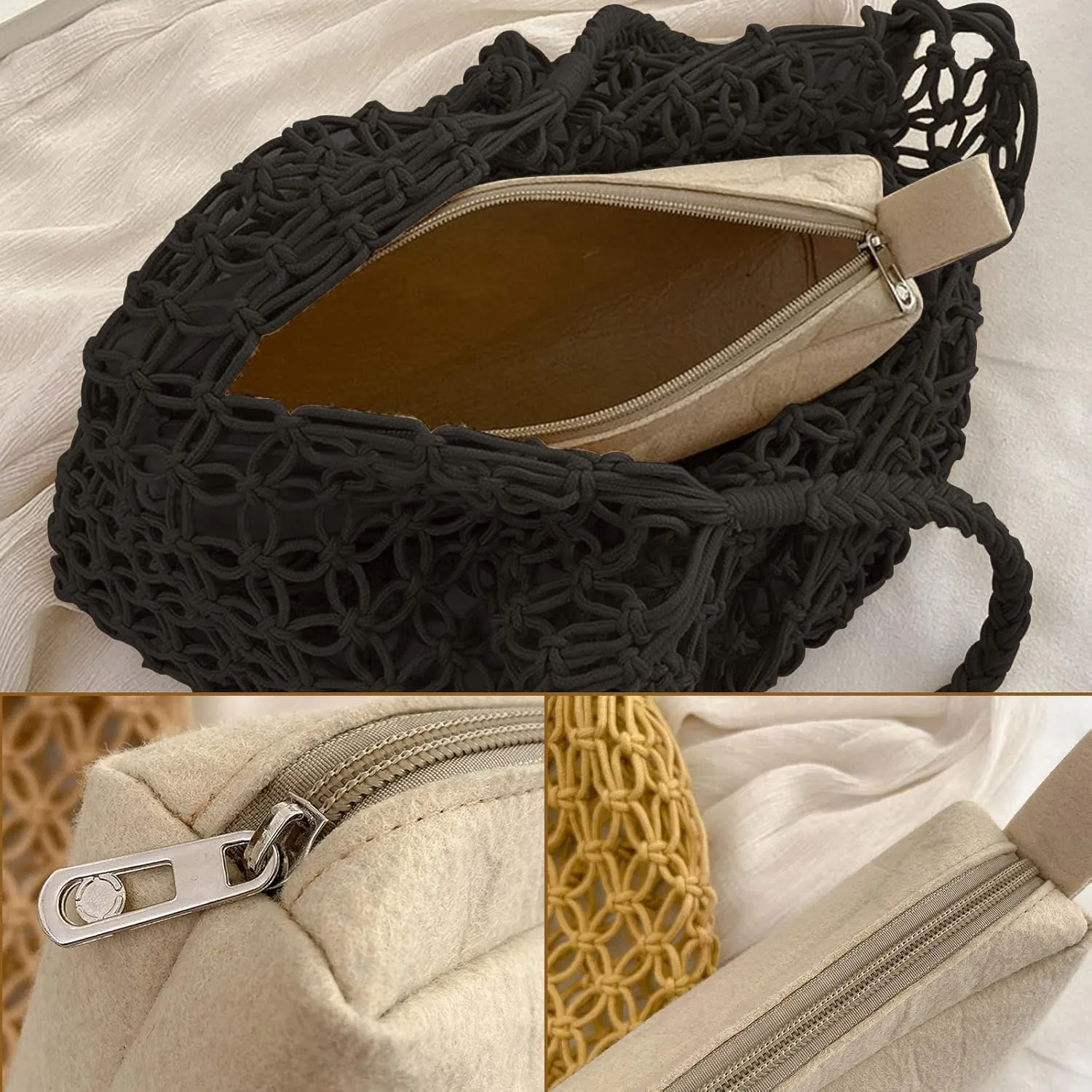Crochet Mesh Tote Beach Bag Woven Hollow Out Handbag, Straw Rattan Net Shoulder Purse Summer Armpit Bag for Women
