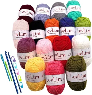 Crochet Yarn kit, 16 Soft Cotton Yarn Skeins,1000  Yards, for Crochet and Knitting, Free Crochet/Amigurumi Patterns, Craft DK Yarn Perfect Starter Kit