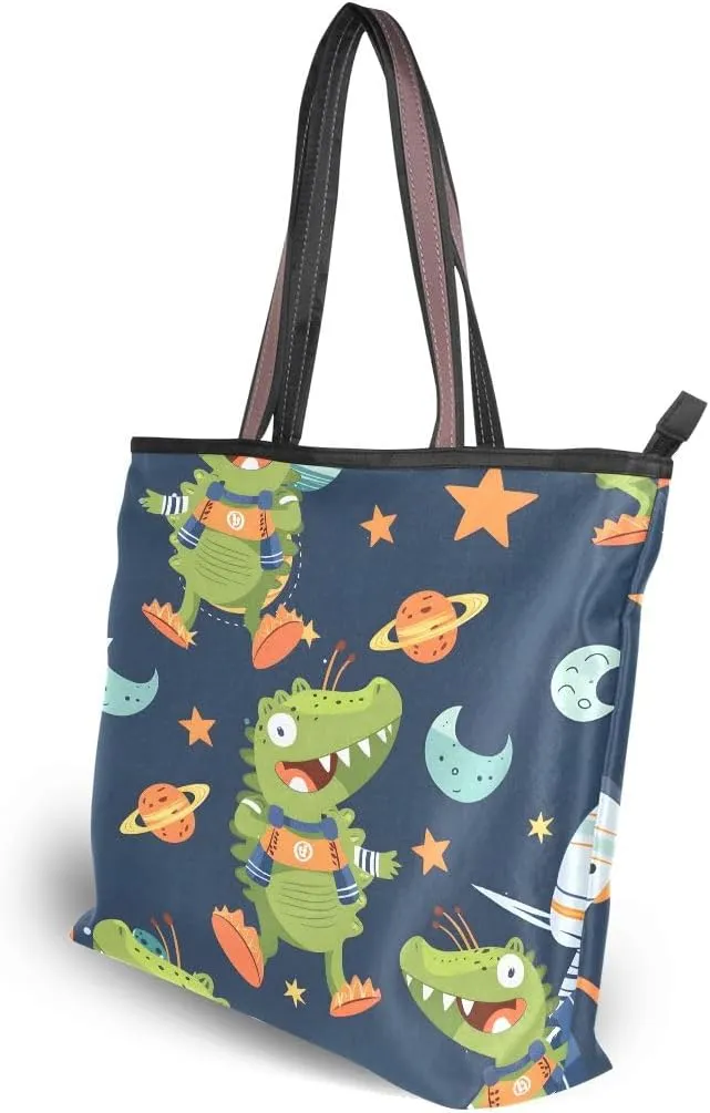 Crocodile Astronaut in Space Shoulder Bags Large Handle Ladies Handbag