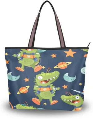 Crocodile Astronaut in Space Shoulder Bags Large Handle Ladies Handbag