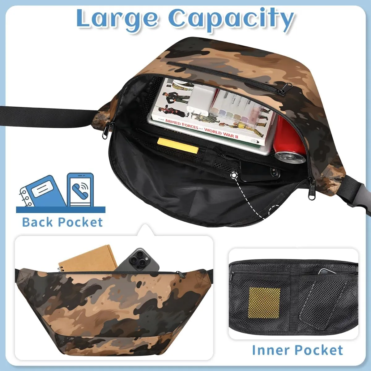 Crossbody Sling Bags for Women Men Brown Camo Casual Sling Backpack Daypack Chest Bag for Travel Sport Hiking Running