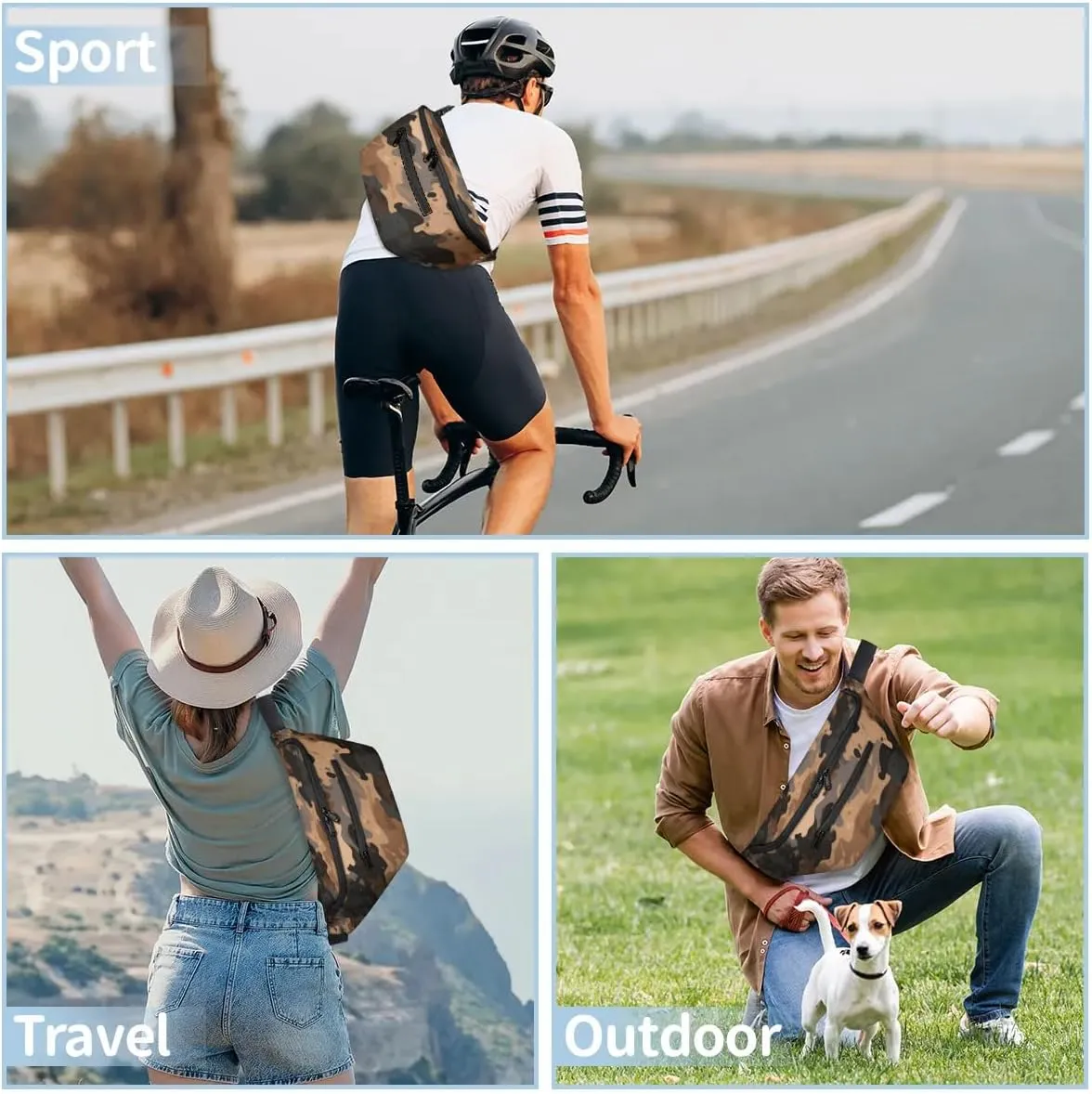 Crossbody Sling Bags for Women Men Brown Camo Casual Sling Backpack Daypack Chest Bag for Travel Sport Hiking Running