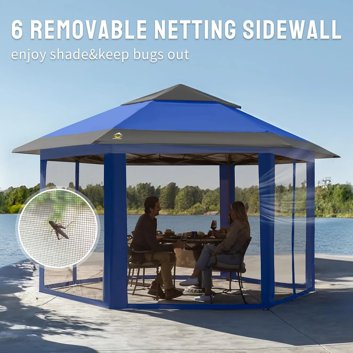 CROWN SHADES 12x12 Pop up Gazebo with Mosquito Nettings, Patented Center Lock 6-Sided Portable Gazebo, 300D Silver-Coated Fabric UV Resistant, Pop Up Canopy Tent for Patio, Party, Blue&Light Grey