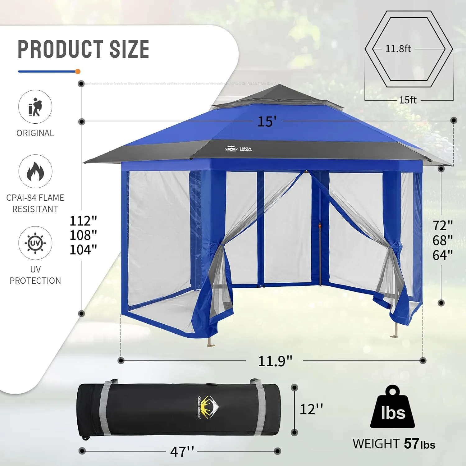 CROWN SHADES 12x12 Pop up Gazebo with Mosquito Nettings, Patented Center Lock 6-Sided Portable Gazebo, 300D Silver-Coated Fabric UV Resistant, Pop Up Canopy Tent for Patio, Party, Blue&Light Grey