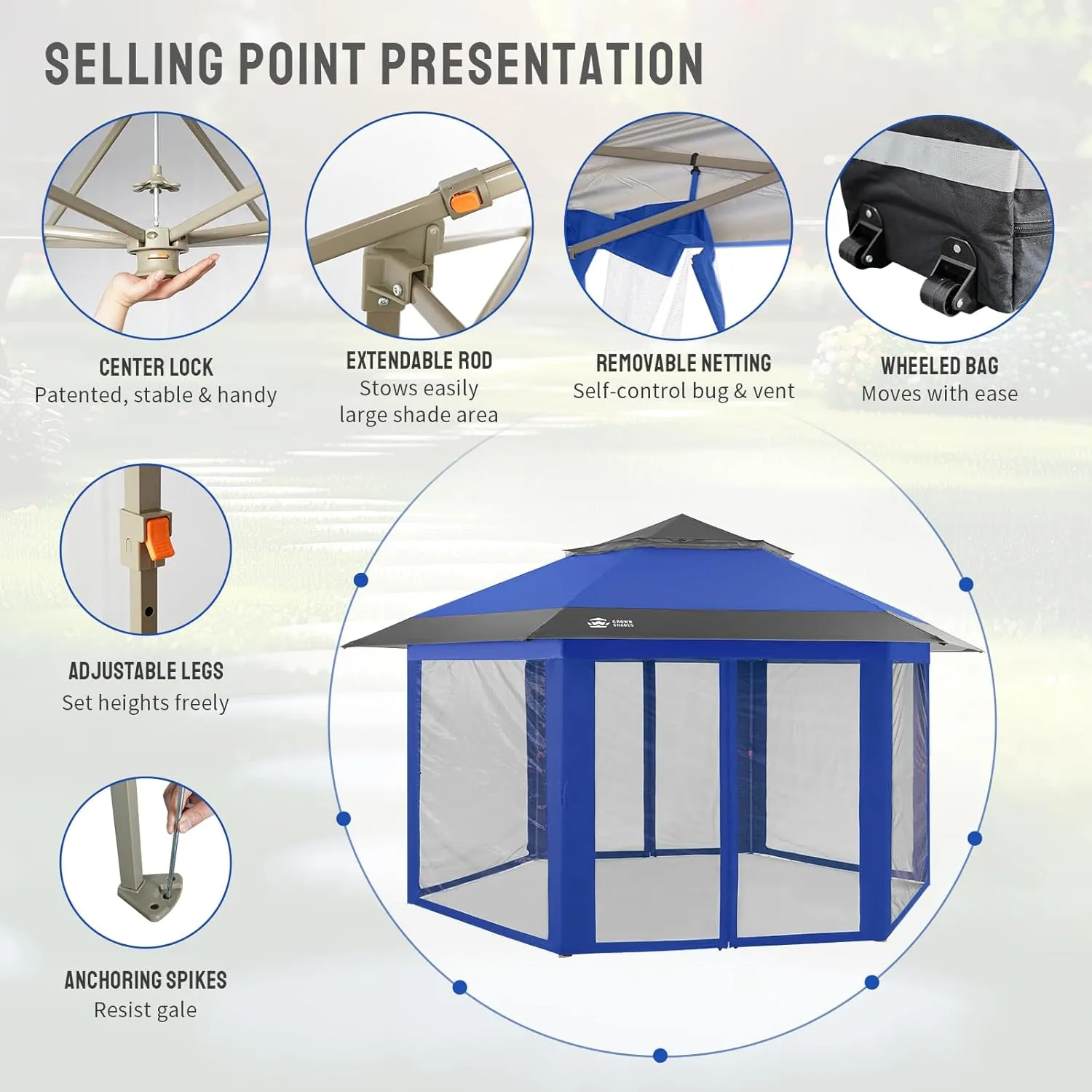 CROWN SHADES 12x12 Pop up Gazebo with Mosquito Nettings, Patented Center Lock 6-Sided Portable Gazebo, 300D Silver-Coated Fabric UV Resistant, Pop Up Canopy Tent for Patio, Party, Blue&Light Grey
