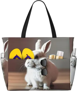 cry white rabbit print Large Waterproof Beach Bag for Women Tote Bag for Travel Vacation fun Travel Bag