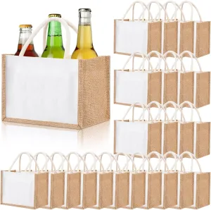Cunno 24 Pcs Burlap Tote Bag Mini Jute Reusable Waterproof Bag with Handles Small Blank Canvas for Wedding Beach DIY Gift(Elegant,9.06 x 6.3 x 5.12)