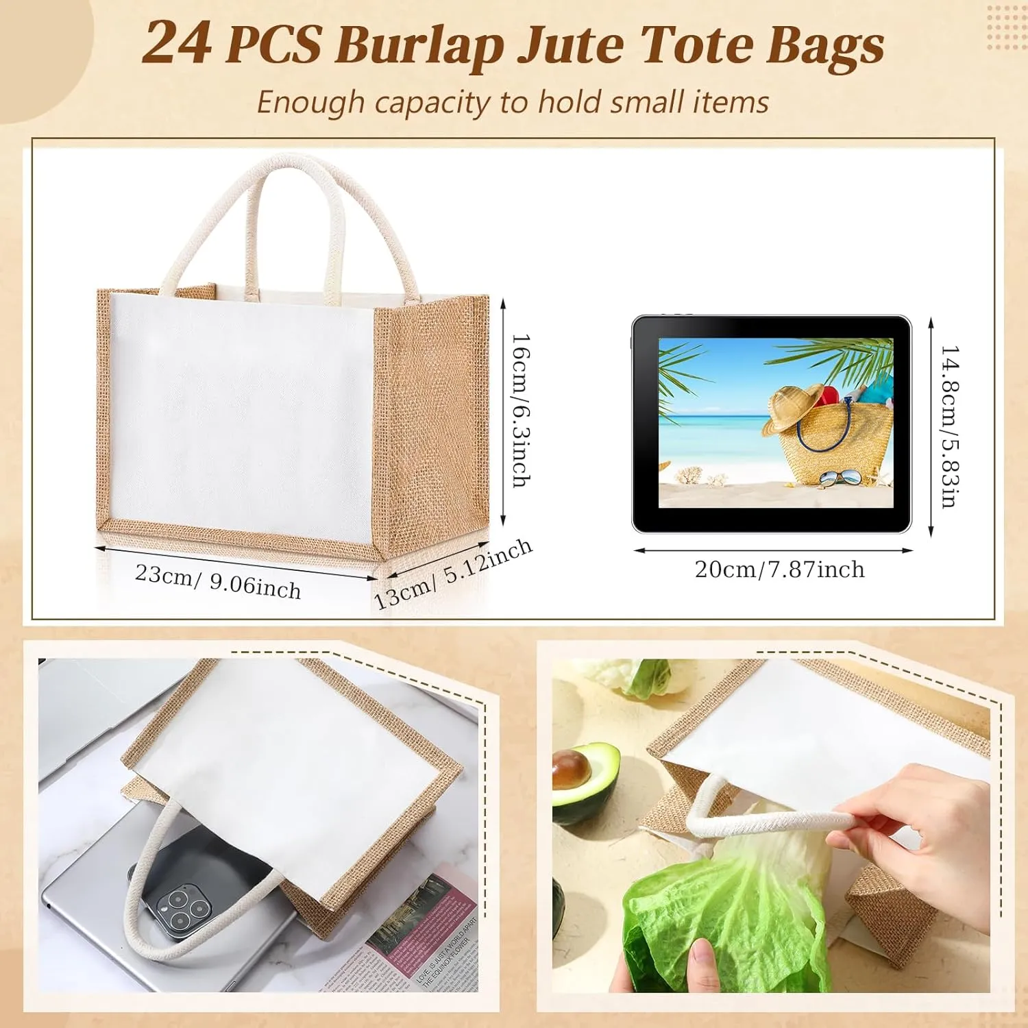 Cunno 24 Pcs Burlap Tote Bag Mini Jute Reusable Waterproof Bag with Handles Small Blank Canvas for Wedding Beach DIY Gift(Elegant,9.06 x 6.3 x 5.12)