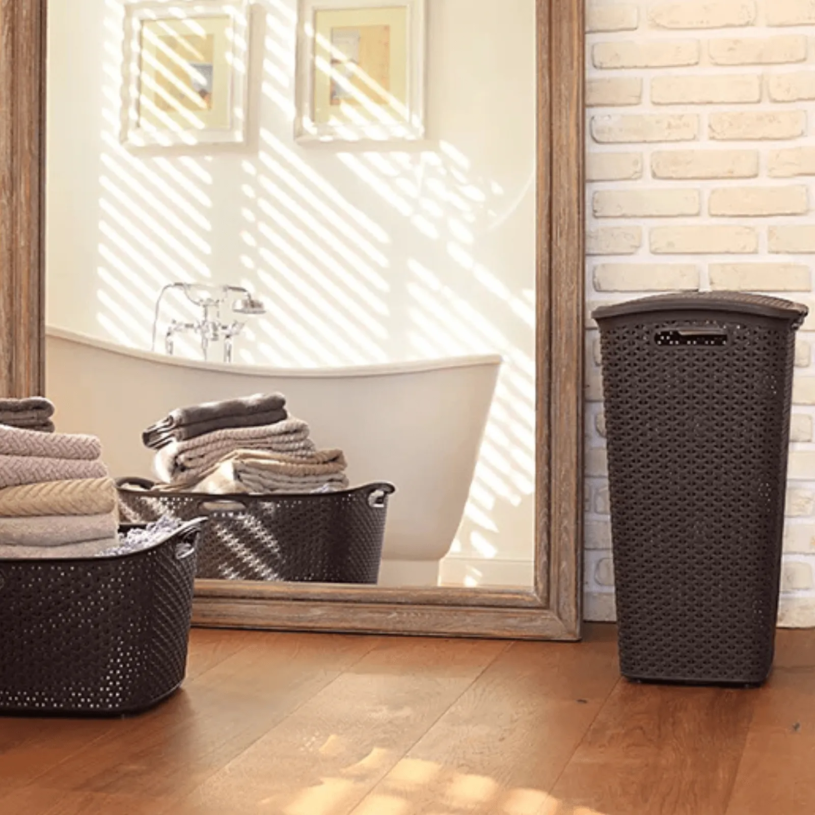 Curver My Style Rattan Effect Plastic Laundry Hamper Basket Lid 55L