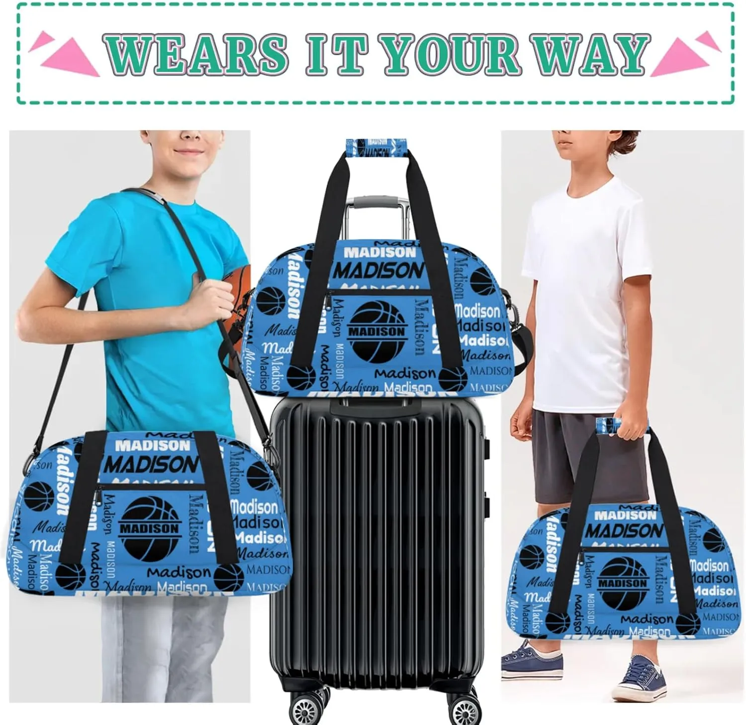 Custom Basketball Bags Gym Duffel Bag for Men, Personalized Name Travel Sport Bags Customized Balls Weekender Bag, Blue