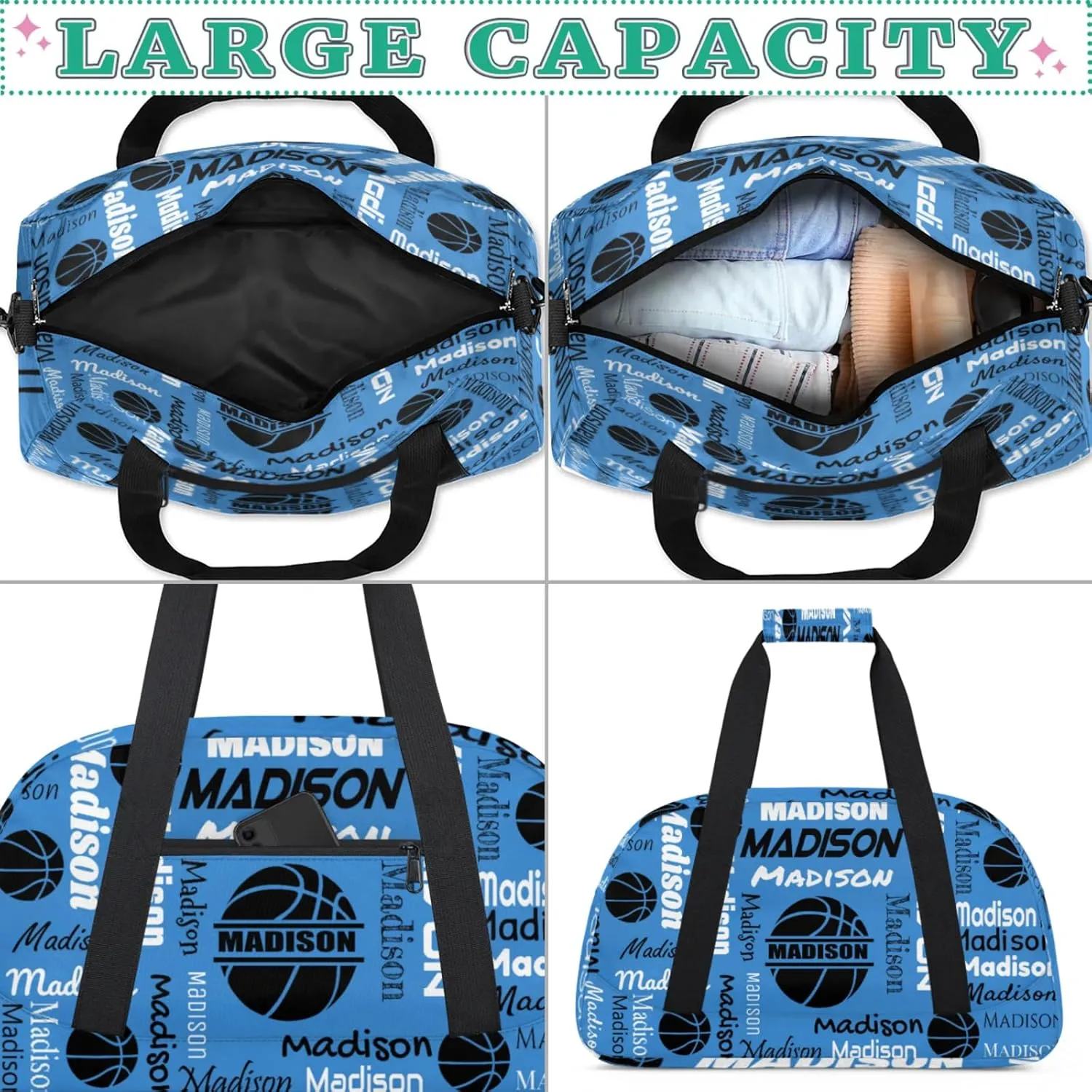 Custom Basketball Bags Gym Duffel Bag for Men, Personalized Name Travel Sport Bags Customized Balls Weekender Bag, Blue