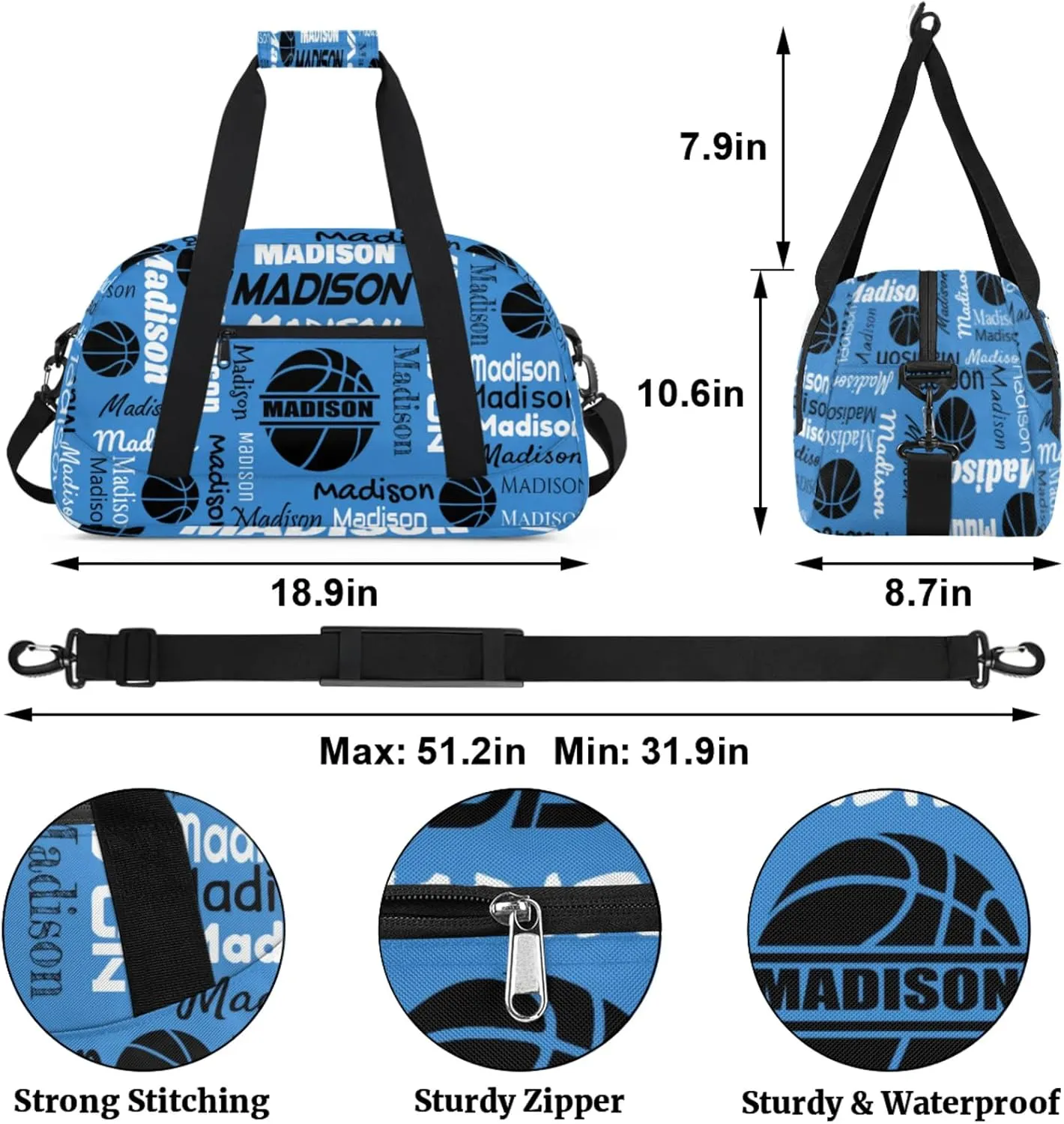 Custom Basketball Bags Gym Duffel Bag for Men, Personalized Name Travel Sport Bags Customized Balls Weekender Bag, Blue
