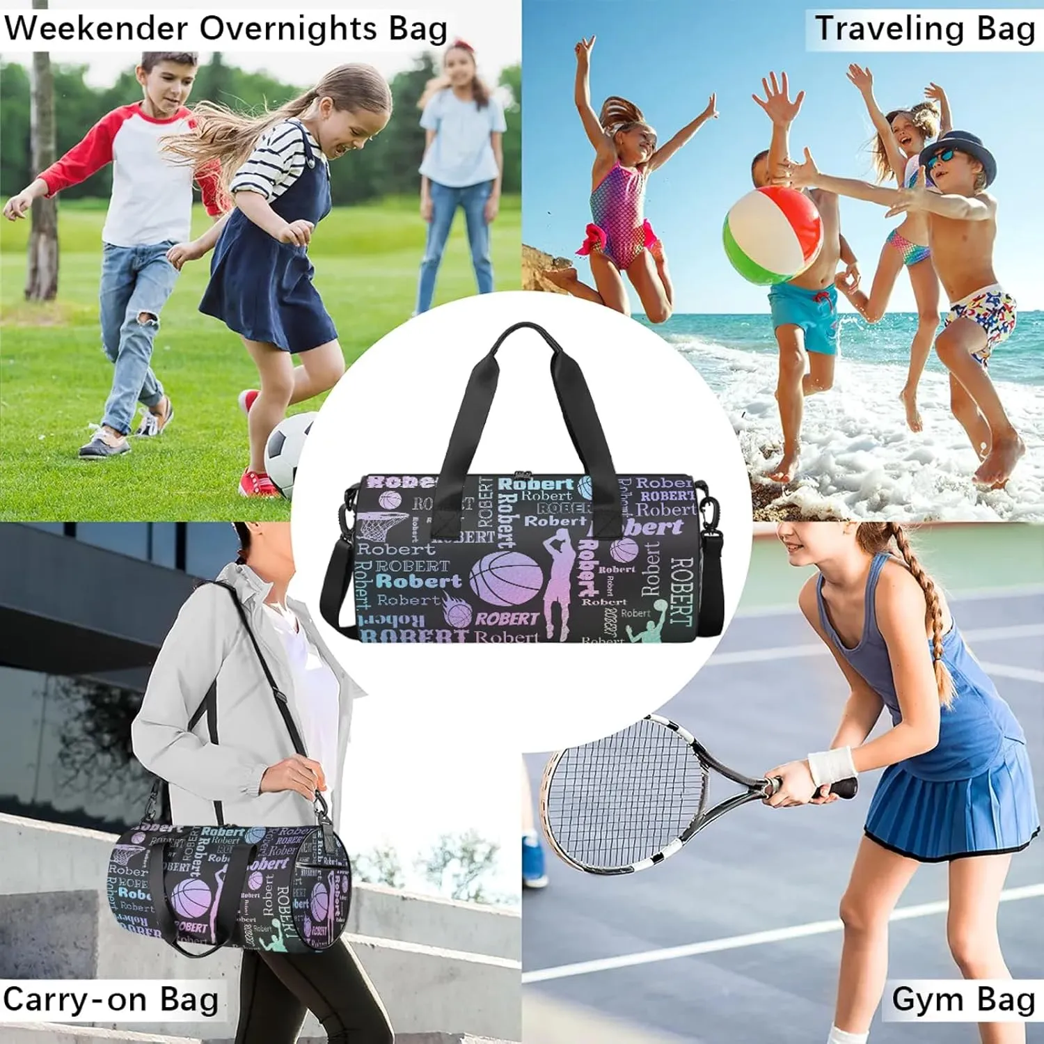 Custom Basketball Sport Bags Personalized Sports Gym Bag with Name Overnight Weekender Duffel Bag Customized Gifts for Women Men, Gradient Blue Purple