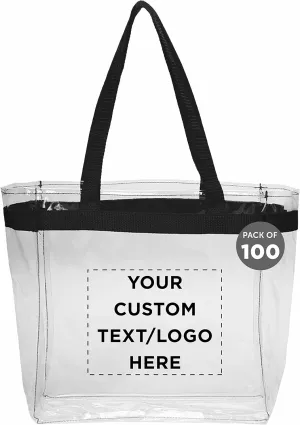 Custom Color Handles Clear Plastic Tote Bags Set of 100, Personalized Bulk Pack - Reusable, Great for Shopping, Grocery, Beach, Picnic, Wedding Favors - Black