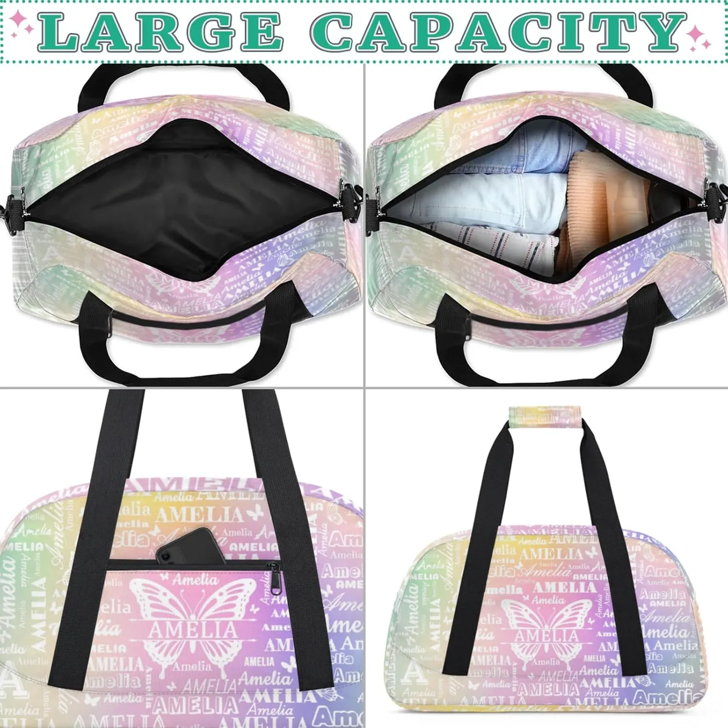 Custom Sports Duffel Bags with Name, Butterfly Personalized Gym Bag Customized Travel Duffle Bag Overnight Carry-On Bag Weekender Bags, Colourful Prints