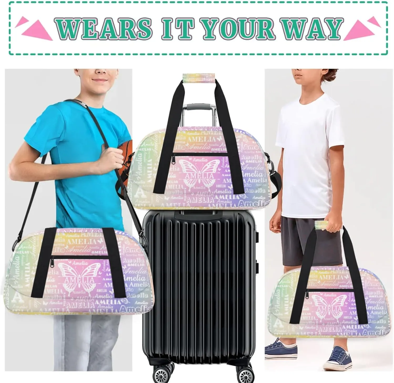 Custom Sports Duffel Bags with Name, Butterfly Personalized Gym Bag Customized Travel Duffle Bag Overnight Carry-On Bag Weekender Bags, Colourful Prints