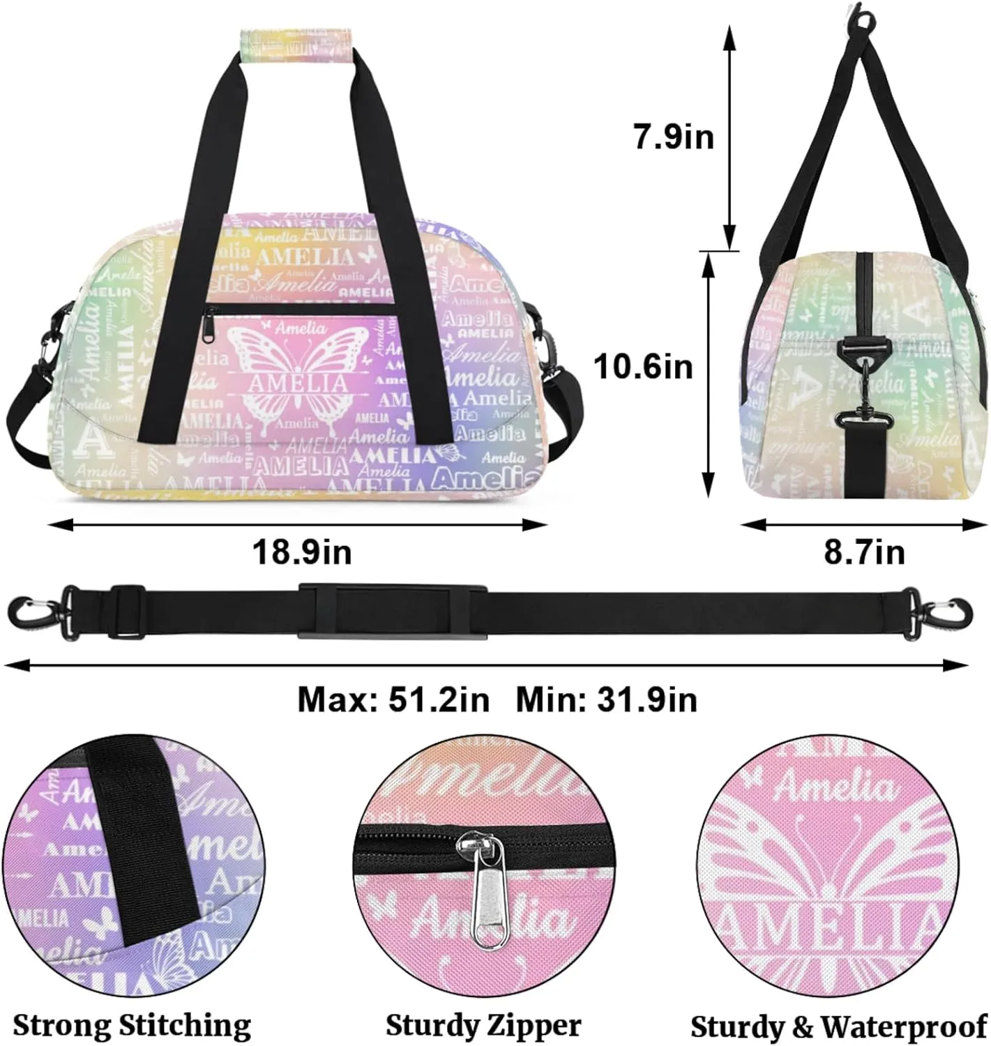 Custom Sports Duffel Bags with Name, Butterfly Personalized Gym Bag Customized Travel Duffle Bag Overnight Carry-On Bag Weekender Bags, Colourful Prints