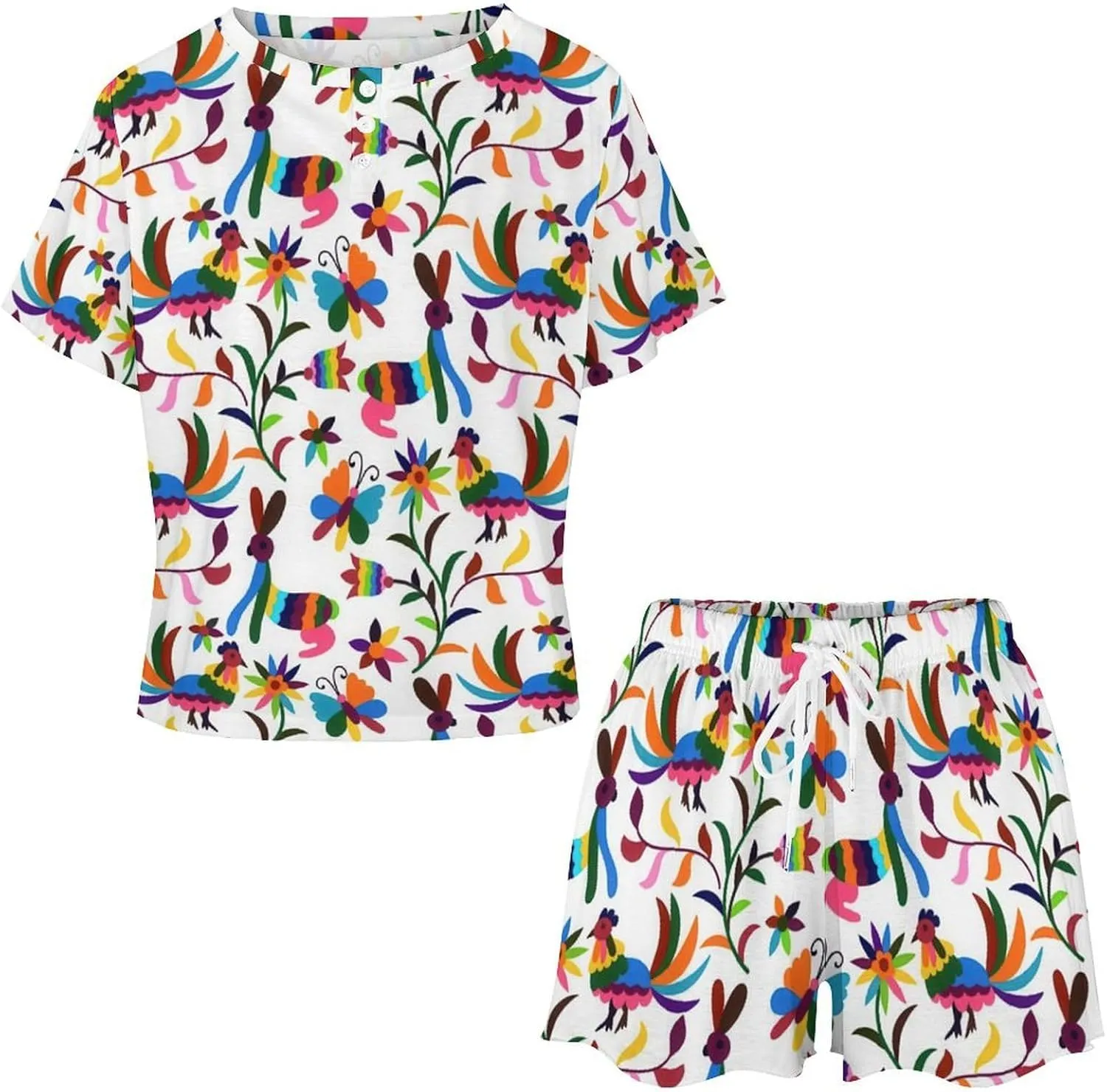 Cute Otomi Ethnic Floral Home 2 Pieces Lady Lounge Short Sleeves Sleepwear Sets with Pockets