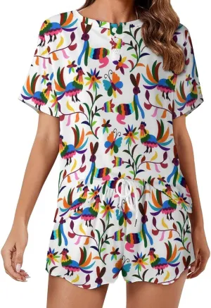 Cute Otomi Ethnic Floral Home 2 Pieces Lady Lounge Short Sleeves Sleepwear Sets with Pockets