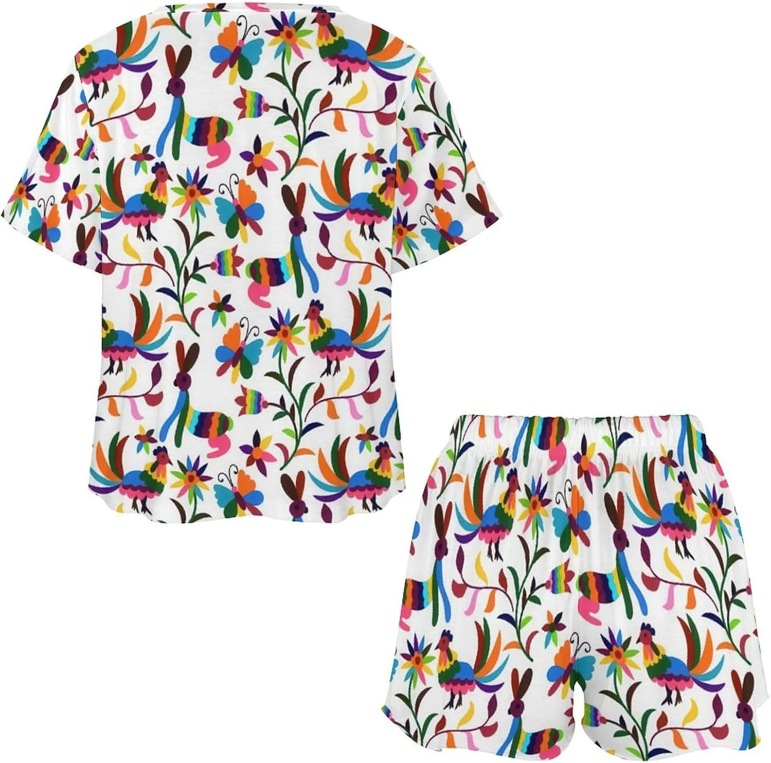Cute Otomi Ethnic Floral Home 2 Pieces Lady Lounge Short Sleeves Sleepwear Sets with Pockets