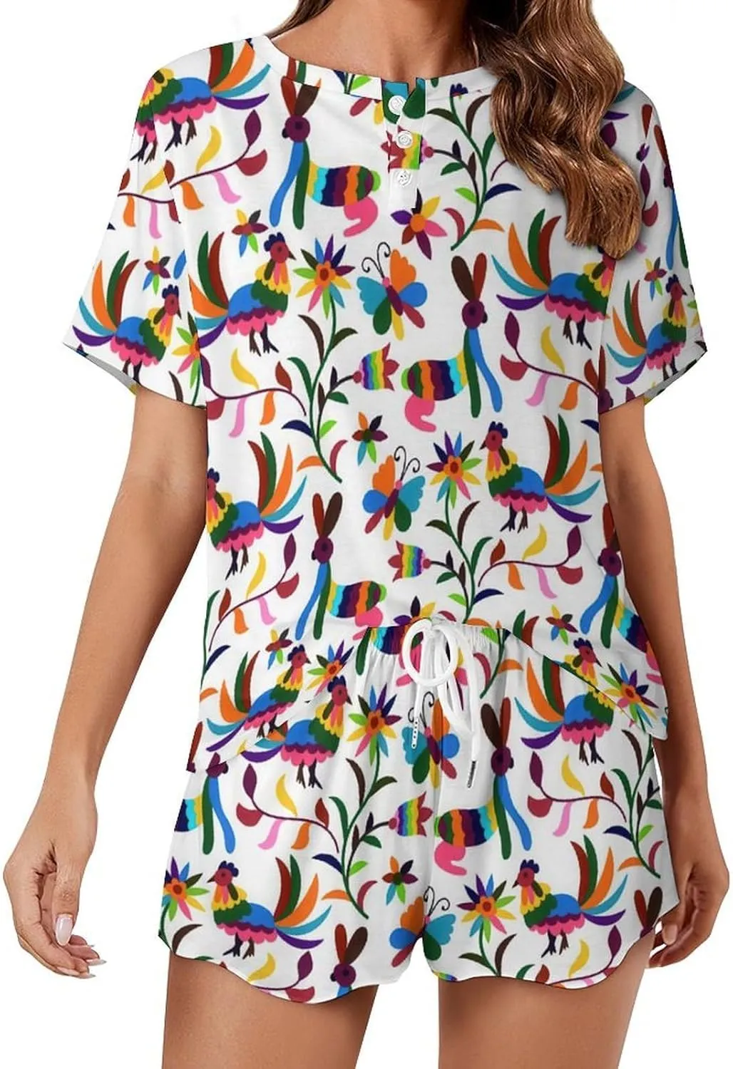 Cute Otomi Ethnic Floral Home 2 Pieces Lady Lounge Short Sleeves Sleepwear Sets with Pockets