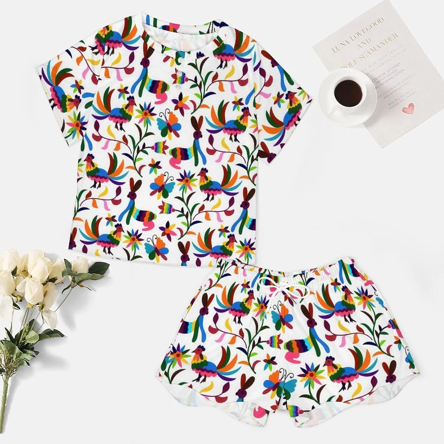 Cute Otomi Ethnic Floral Home 2 Pieces Lady Lounge Short Sleeves Sleepwear Sets with Pockets