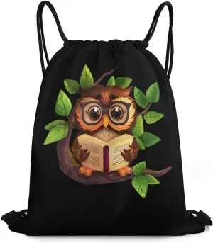 Cute Owl Reads Book Sports Gym Bag Lightweight Drawstring Backpack String Bag for Travel Hiking