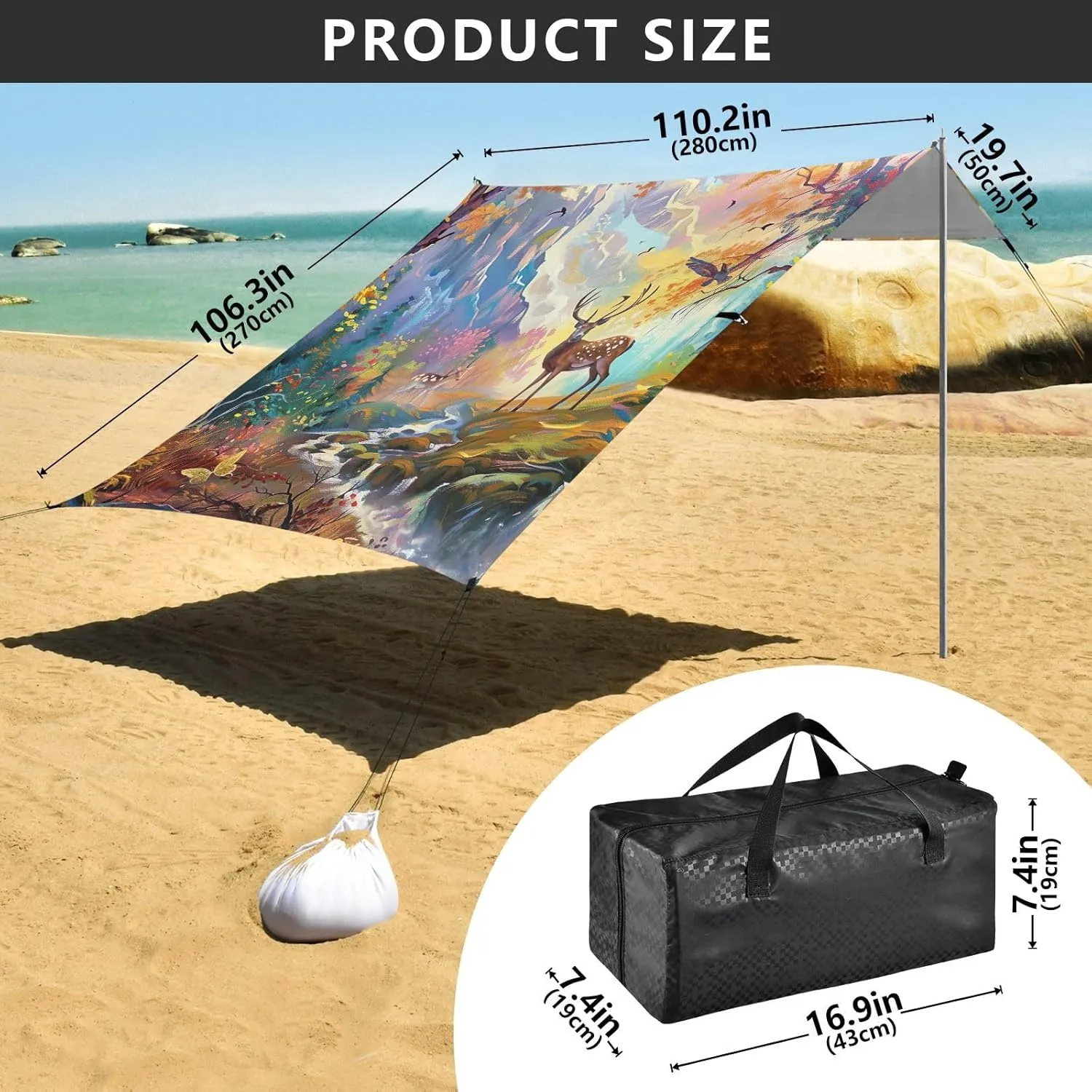 Deer Forest Landscape Painting Tent Beach Canopy Patio Sun Shade Outdoor Outside Travel Camping Sun Shelter 9.2 × 10.5 FT Windproof with Sand Bags Poles