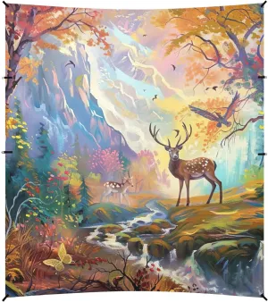 Deer Forest Landscape Painting Tent Beach Canopy Patio Sun Shade Outdoor Outside Travel Camping Sun Shelter 9.2 × 10.5 FT Windproof with Sand Bags Poles