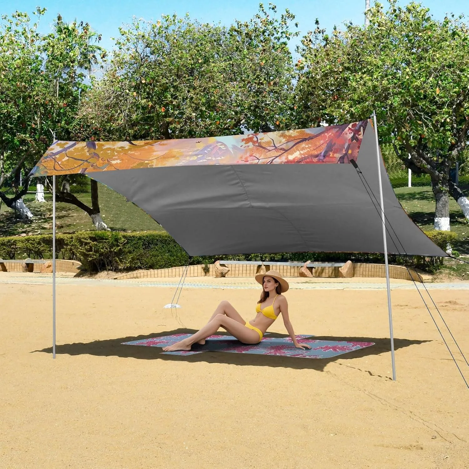 Deer Forest Landscape Painting Tent Beach Canopy Patio Sun Shade Outdoor Outside Travel Camping Sun Shelter 9.2 × 10.5 FT Windproof with Sand Bags Poles
