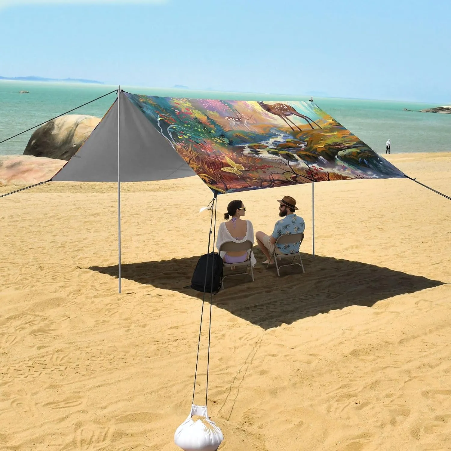 Deer Forest Landscape Painting Tent Beach Canopy Patio Sun Shade Outdoor Outside Travel Camping Sun Shelter 9.2 × 10.5 FT Windproof with Sand Bags Poles