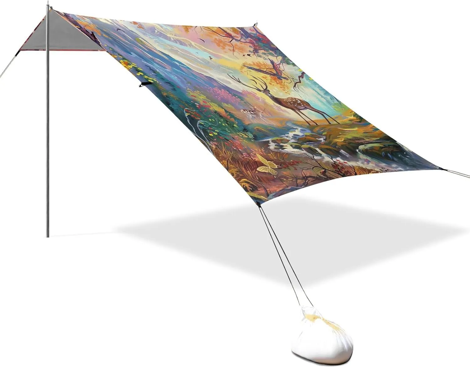 Deer Forest Landscape Painting Tent Beach Canopy Patio Sun Shade Outdoor Outside Travel Camping Sun Shelter 9.2 × 10.5 FT Windproof with Sand Bags Poles