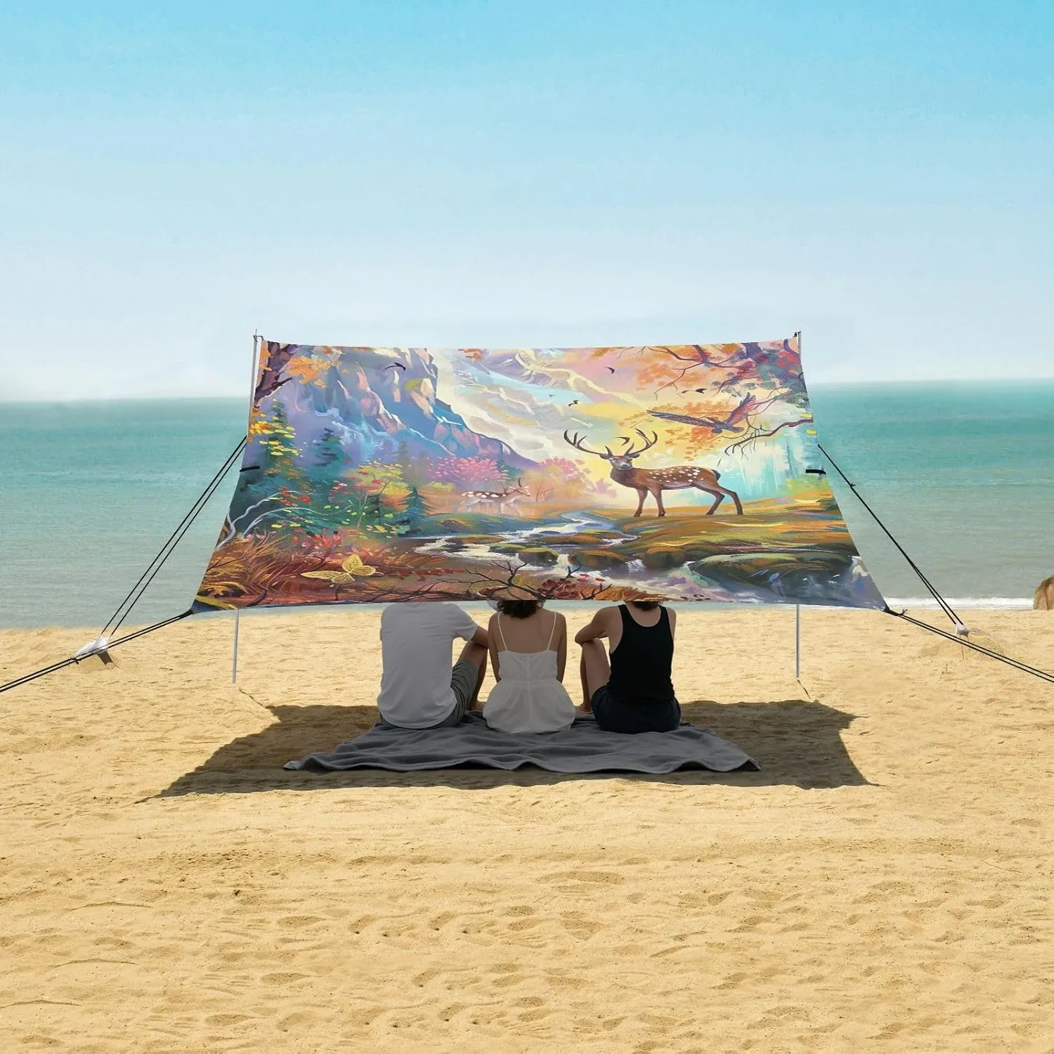 Deer Forest Landscape Painting Tent Beach Canopy Patio Sun Shade Outdoor Outside Travel Camping Sun Shelter 9.2 × 10.5 FT Windproof with Sand Bags Poles