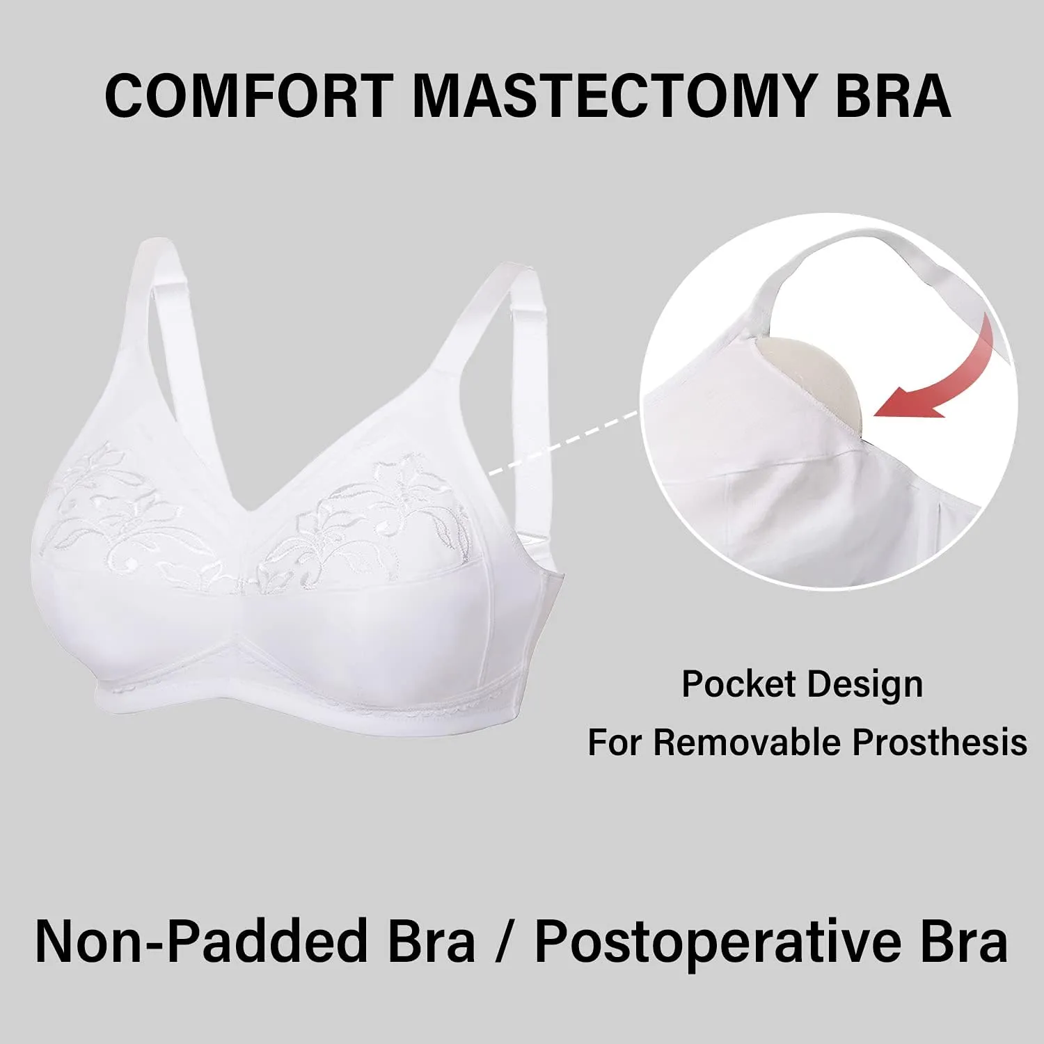 DELIMIRA Women's Mastectomy Pockets Wireless Post-Surgery Plus Size Cotton Sleep Bralette Bra
